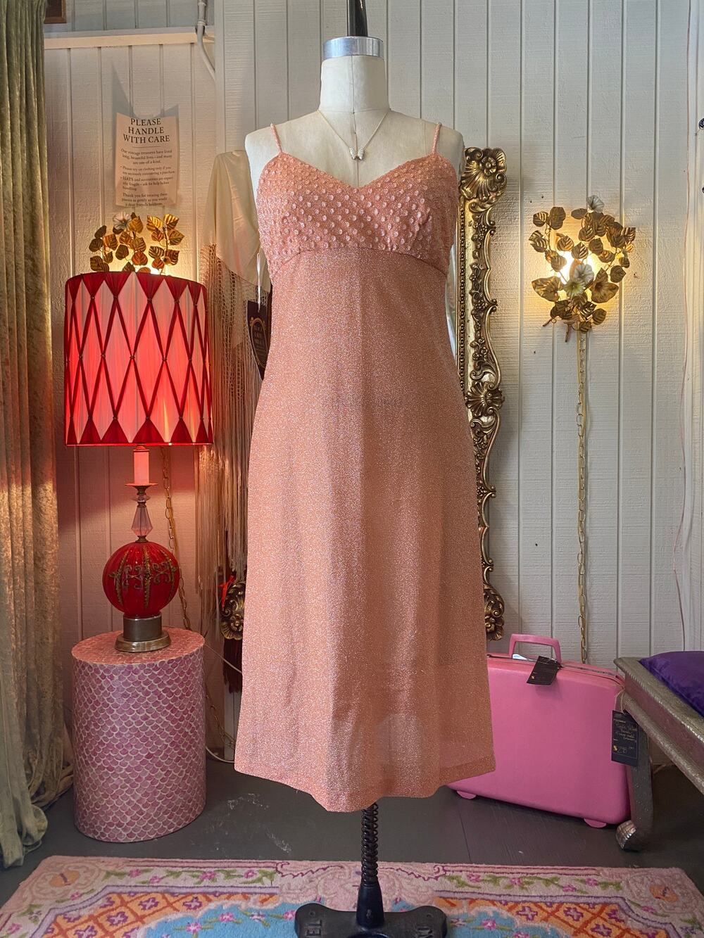 vintage 1970s peach lurex dress, 70s fashion, puckered metallic silver, disco s